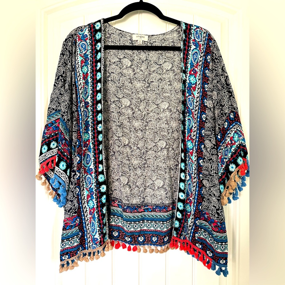 Umgee boho kimono with multi-colored tassels detail